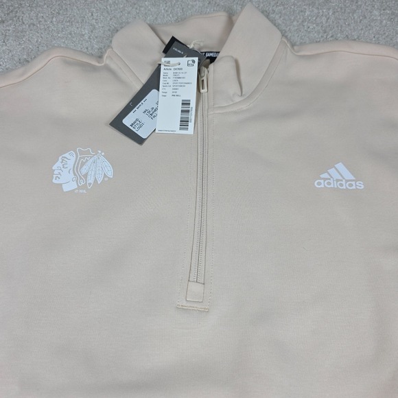 Adidas Pullover Sweatshirt Mens M Beige Stripes 1/2 Zip Chicago Blackhawks NHL - Picture 1 of 10